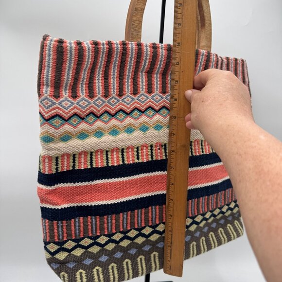 J Jill Multicolored Woven Cotton Tote Bag with Wood Handles Boho bohemian summer - Picture 9 of 15